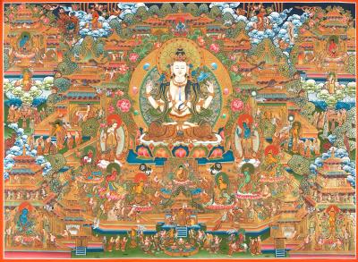 4 Armed Chengrezig Buddha | Horizontal Original Thangka Painting